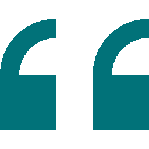 A large teal quotation mark symbol on a white background.